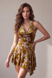 Vestido cocktail curto, alto e baixo com estampagem floral dourado mostarda, vestido de cocktail assimétrico alto e baixo curto
