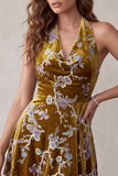 Vestido cocktail curto, alto e baixo com estampagem floral dourado mostarda, vestido de cocktail assimétrico alto e baixo curto