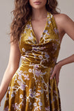 Vestido cocktail curto, alto e baixo com estampagem floral dourado mostarda, vestido de cocktail assimétrico alto e baixo curto