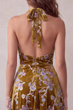 Vestido cocktail curto, alto e baixo com estampagem floral dourado mostarda, vestido de cocktail assimétrico alto e baixo curto