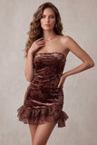 Chocolates Bodycon Vestido Curto Curto de Veludo Floral Folhado Sem Alças