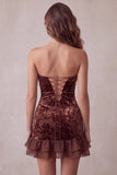 Chocolates Bodycon Vestido Curto Curto de Veludo Floral Folhado Sem Alças