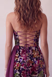 Vestido de cocktail curto bodycon sem alças com estampado de veludo borgonha e drapeado