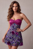 Vestido de cocktail curto floral sem alças de cetim Fúcsia A-Line