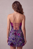 Vestido de cocktail curto floral sem alças de cetim Fúcsia A-Line