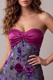 Vestido de cocktail curto floral sem alças de cetim Fúcsia A-Line