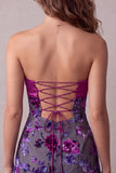 Vestido de cocktail curto floral sem alças de cetim Fúcsia A-Line