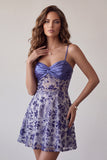 Vestido de cocktail azul A-Line A-Line com alças finas, curto e transparente franzido com lantejoulas