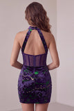 Vestido de cocktail curto de veludo bodycon corvo de decote roxo roxo escuro, decote alto transparente