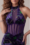 Vestido de cocktail curto de veludo bodycon corvo de decote roxo roxo escuro, decote alto transparente