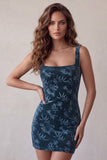 Vestido Cocktail Curto Bodycon Estampado Azul-Marinho