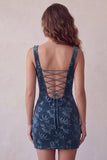 Vestido Cocktail Curto Bodycon Estampado Azul-Marinho