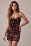 Vestido Cocktail Curto Shortless Stampado em Veludo Bodycon Borgonha