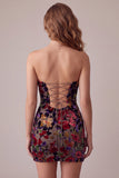 Vestido Cocktail Curto Shortless Stampado em Veludo Bodycon Borgonha
