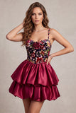 Vestido de cocktail curto em Linha A com Espartilho Vermelho, Veludo de Veludo Vermelho, Linha A, Vestido Curto de Cocktail com Flor 3D