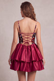 Vestido de cocktail curto em Linha A com Espartilho Vermelho, Veludo de Veludo Vermelho, Linha A, Vestido Curto de Cocktail com Flor 3D