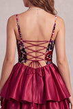Vestido de cocktail curto em Linha A com Espartilho Vermelho, Veludo de Veludo Vermelho, Linha A, Vestido Curto de Cocktail com Flor 3D