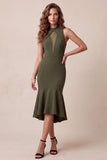Sereia Oliva Vestido Formal Midi de gola alta e tule baixo