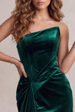 Vestido de cocktail curto curto de veludo franzido de veludo verde escuro Bodycon Verde Escuro