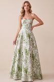 Vestido Formal Maxi Estampado Strapless Strapless Espartilho Verde Sálvia