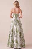 Vestido Formal Maxi Estampado Strapless Strapless Espartilho Verde Sálvia