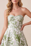 Vestido Formal Maxi Estampado Strapless Strapless Espartilho Verde Sálvia
