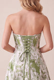 Vestido Formal Maxi Estampado Strapless Strapless Espartilho Verde Sálvia