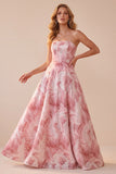 Vestido formal Maxi Maxi Strapless Strapless em linha A cor-de-rosa com renda nas costas