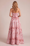 Vestido formal Maxi Maxi Strapless Strapless em linha A cor-de-rosa com renda nas costas