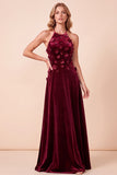 Vestido formal longo de veludo A-Line A-Line em veludo 3D flor com bordas