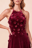 Vestido formal longo de veludo A-Line A-Line em veludo 3D flor com bordas
