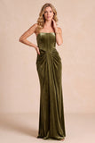 Vestido Formal Maxi Formal Maxi Sem Alças Com Espartilho de Veludo Enbainhado Espartilho Azeitona