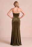 Vestido Formal Maxi Formal Maxi Sem Alças Com Espartilho de Veludo Enbainhado Espartilho Azeitona