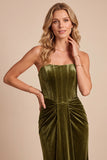 Vestido Formal Maxi Formal Maxi Sem Alças Com Espartilho de Veludo Enbainhado Espartilho Azeitona