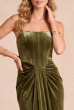 Vestido Formal Maxi Formal Maxi Sem Alças Com Espartilho de Veludo Enbainhado Espartilho Azeitona