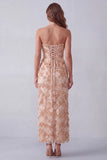 Vestido Formal Maxi Calçado Calçado Caqui Sem Alças, Lantejoulas