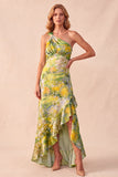 Vestido formal de um ombro alto-baixo com folhos estampados amarelos