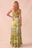 Vestido formal de um ombro alto-baixo com folhos estampados amarelos