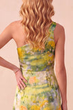 Vestido formal de um ombro alto-baixo com folhos estampados amarelos