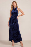 Vestido formal Maxi de veludo alto e baixo com decote azul azul-marinho e capuz com drapeado
