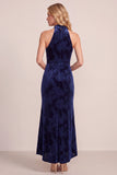 Vestido formal Maxi de veludo alto e baixo com decote azul azul-marinho e capuz com drapeado