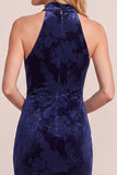 Vestido formal Maxi de veludo alto e baixo com decote azul azul-marinho e capuz com drapeado