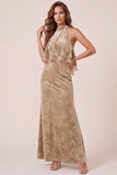 Vestido Maxi Formal Maxi Sheath Champanhe Sheath, Veludo Alto com Folhos