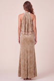 Vestido Maxi Formal Maxi Sheath Champanhe Sheath, Veludo Alto com Folhos
