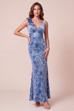 Vestido formal longo de veludo assimétrico em veludo em veludo de sereia azul com decote assimétrico e flor 3D
