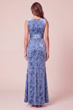 Vestido formal longo de veludo assimétrico em veludo em veludo de sereia azul com decote assimétrico e flor 3D