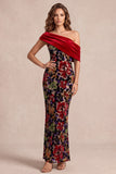 Vestido formal Maxi assimétrico de veludo de um ombro com estampado de uma sereia vermelha