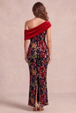 Vestido formal Maxi assimétrico de veludo de um ombro com estampado de uma sereia vermelha