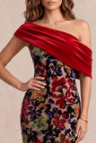 Vestido formal Maxi assimétrico de veludo de um ombro com estampado de uma sereia vermelha