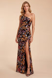 Vestido formal comprido com bainha preta, lantejoulas num ombro, vestido formal comprido com fenda
